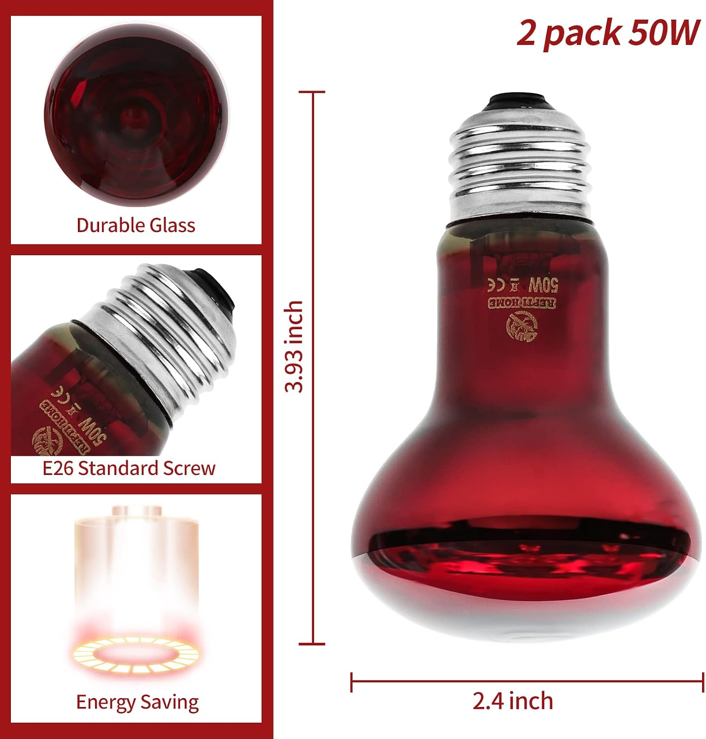 REPTI HOME explosion proof frosted red glass heat bulb close up view.