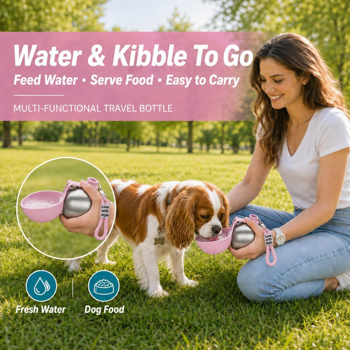 Close up view of the durable carry rope attached to the pink Bokynu portable puppy water bottle.