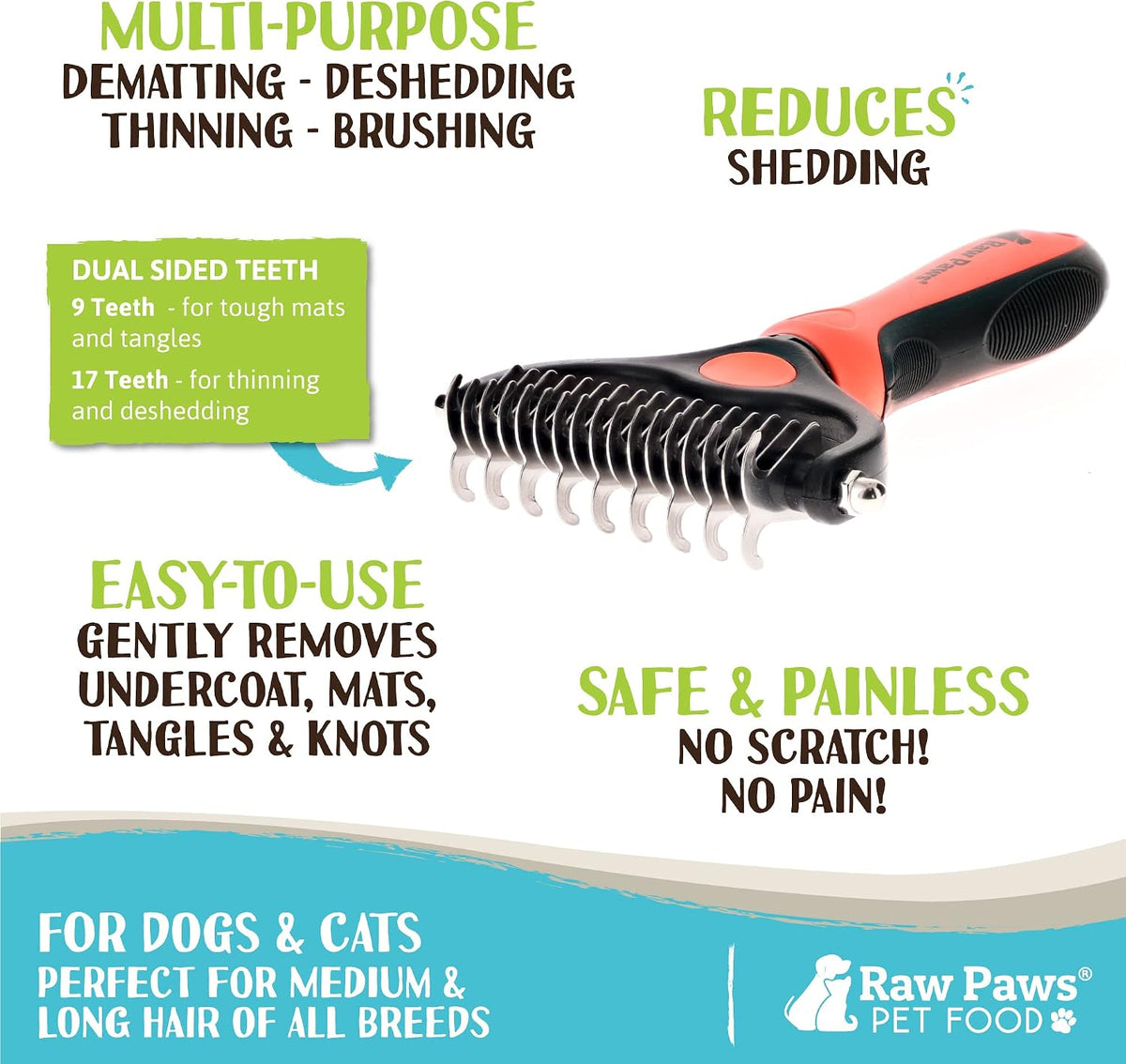 Raw Paws pet grooming tool close up of stainless steel teeth