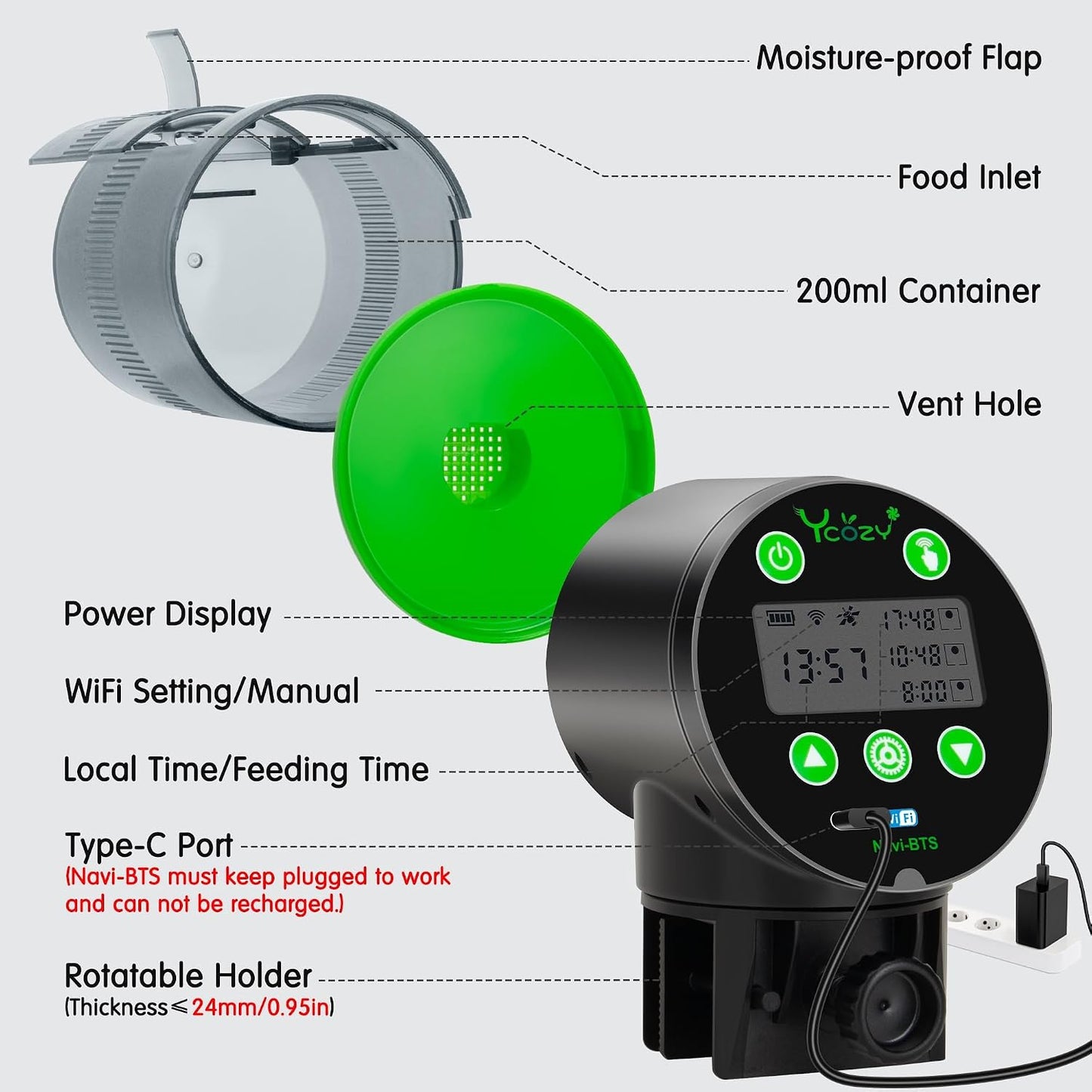 Ycozy automatic turtle and betta fish feeder with 360 degree clamp
