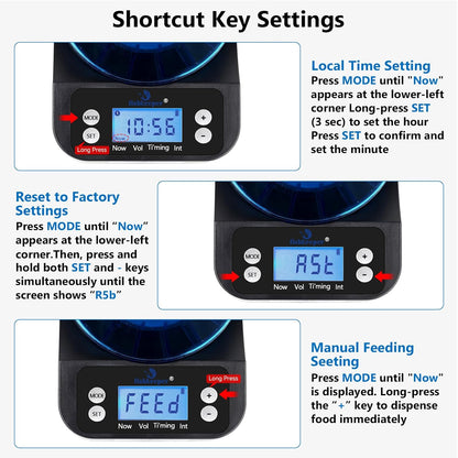 Fishkeeper moisture proof aquarium feeder LCD display panel showing programmable timer settings.