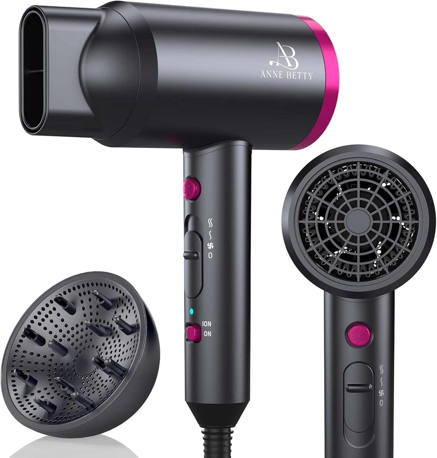 ANNE BETTY ionic hair dryer front view showing dark gray body and bright magenta accents with nozzle attachment
