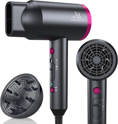 ANNE BETTY ionic hair dryer front view showing dark gray body and bright magenta accents with nozzle attachment