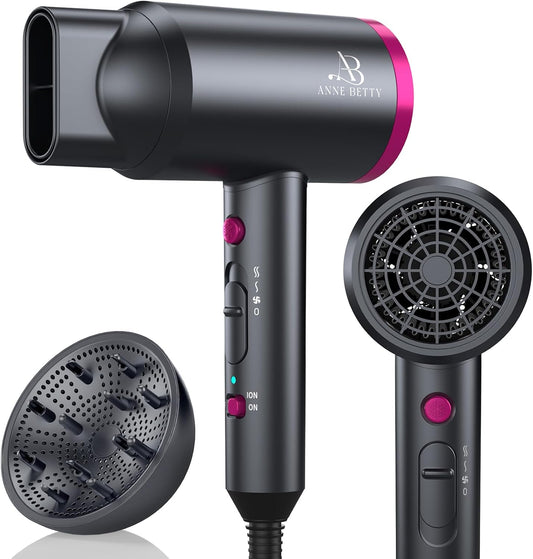 ANNE BETTY ionic hair dryer front view showing dark gray body and bright magenta accents with nozzle attachment