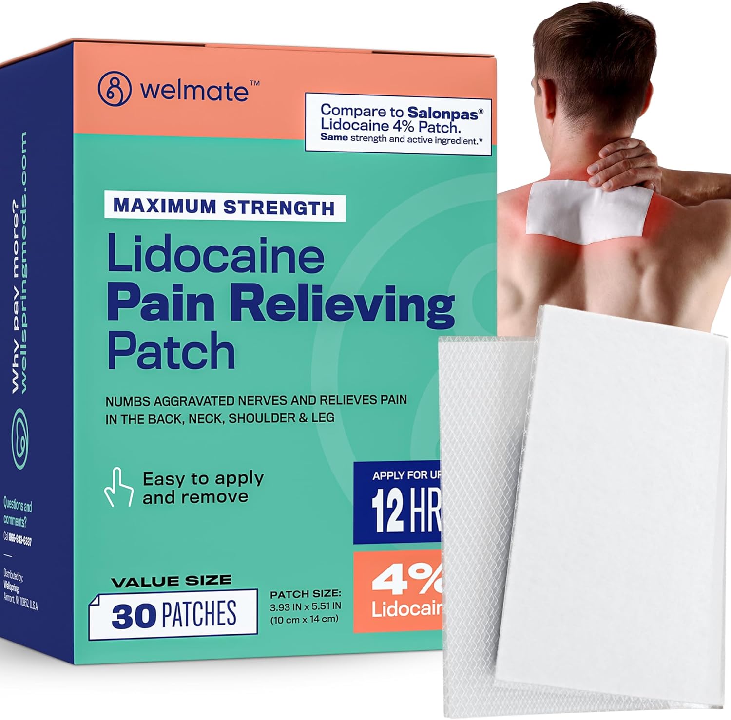 WELMATE - 4% Lidocaine Numbing Patch - Maximum Strength - Temporary Relief of Pain, Back, Neck, Shoulders, Knees, Elbows, Minor Skin Irritations - Topical Analgesic Unscented - 30 ct - Image 1