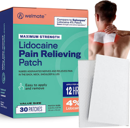 WELMATE - 4% Lidocaine Numbing Patch - Maximum Strength - Temporary Relief of Pain, Back, Neck, Shoulders, Knees, Elbows, Minor Skin Irritations - Topical Analgesic Unscented - 30 ct - Image 1