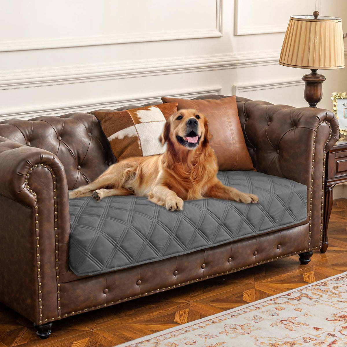 Ameritex Waterproof Dog Bed Cover front view protecting a grey couch from pet stains.