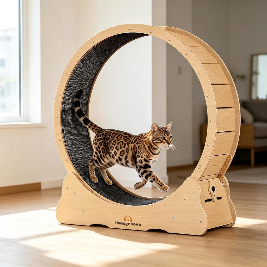 Homegroove cat exercise wheel front view showing natural wood frame