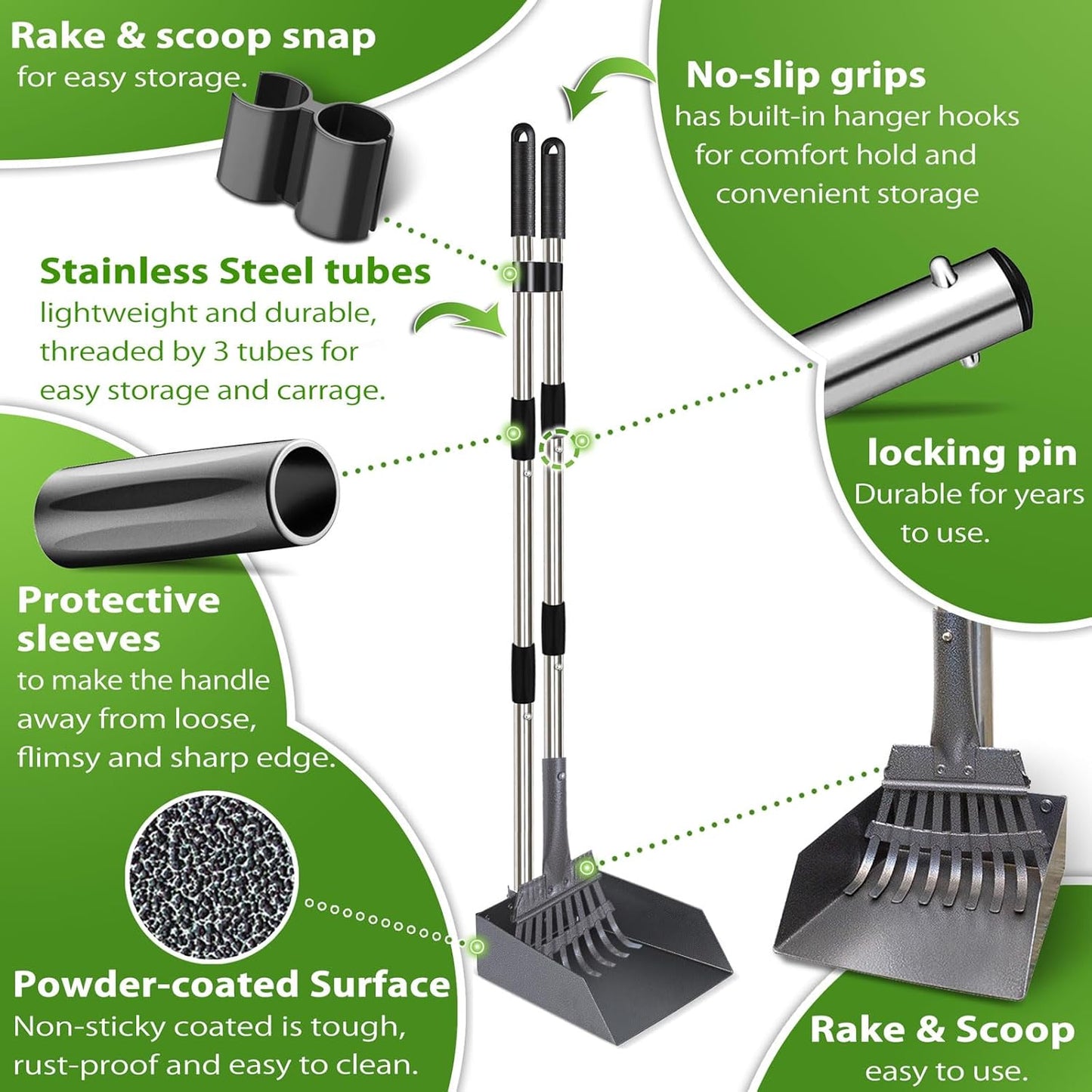 Multi surface pet waste scooper cleaning grass and gravel surfaces