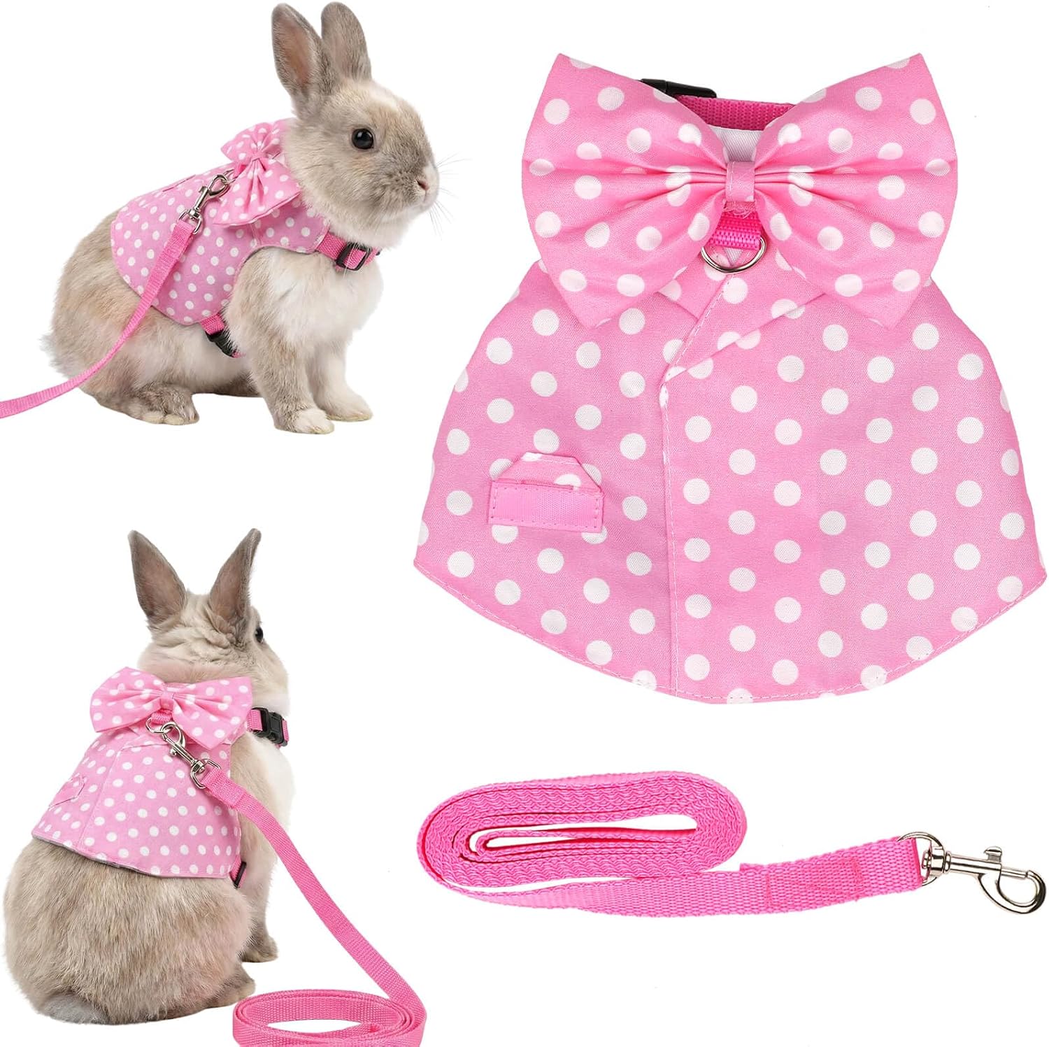 Kutyndrix bunny harness and leash set front view pink polka dots style