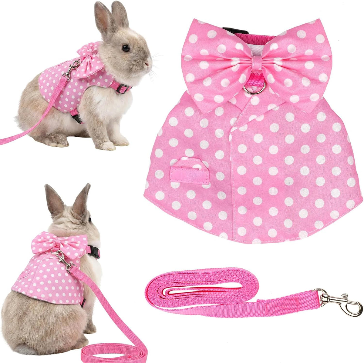 Kutyndrix bunny harness and leash set front view pink polka dots style