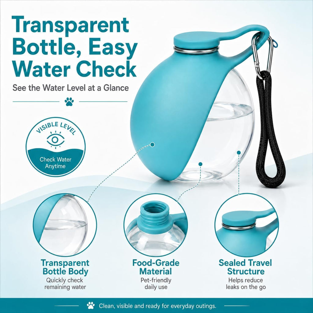 Vadeny ten ounce travel pet bottle with its attached premium carabiner clip and matching lanyard