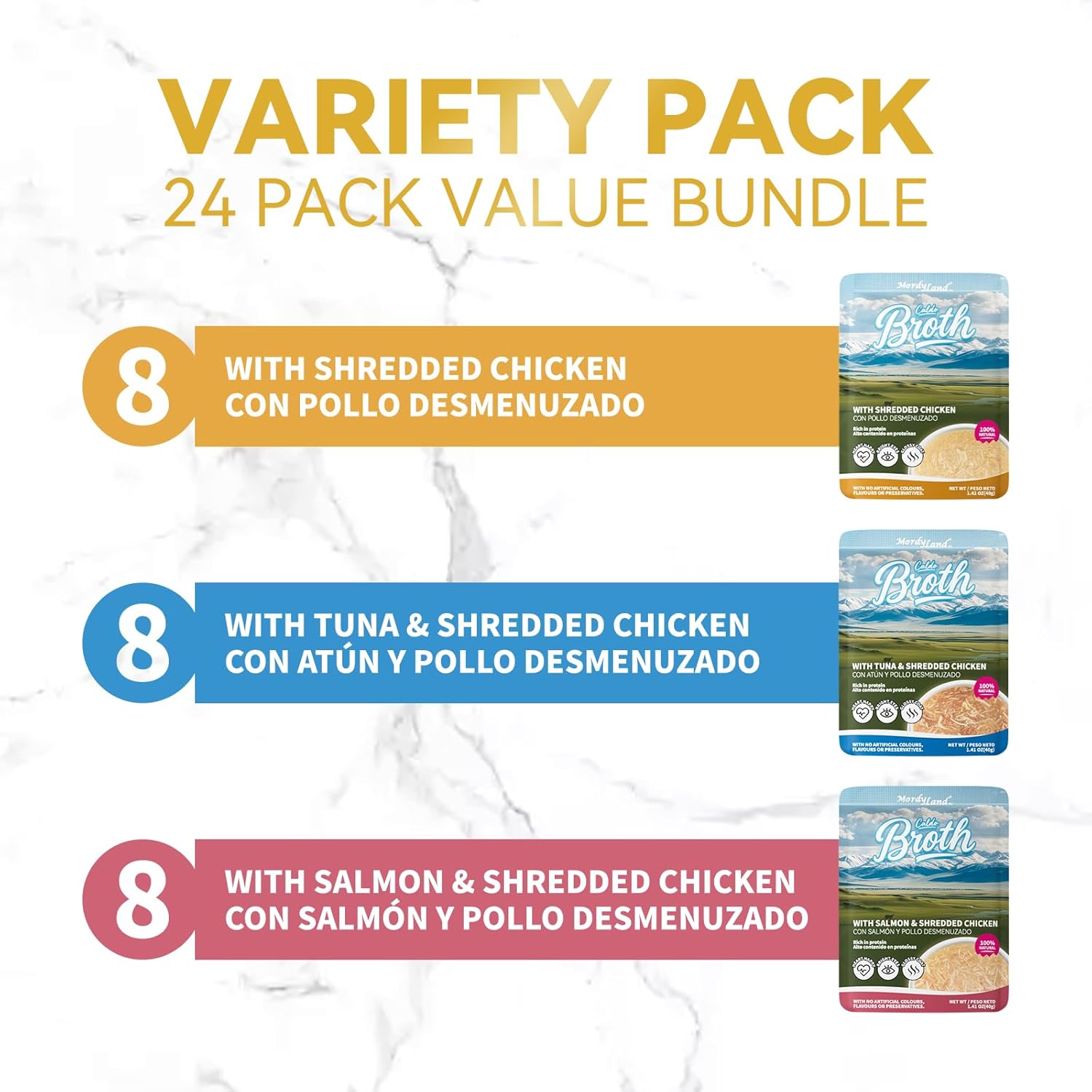 MordyLand variety pack packaging with seafood and chicken icons