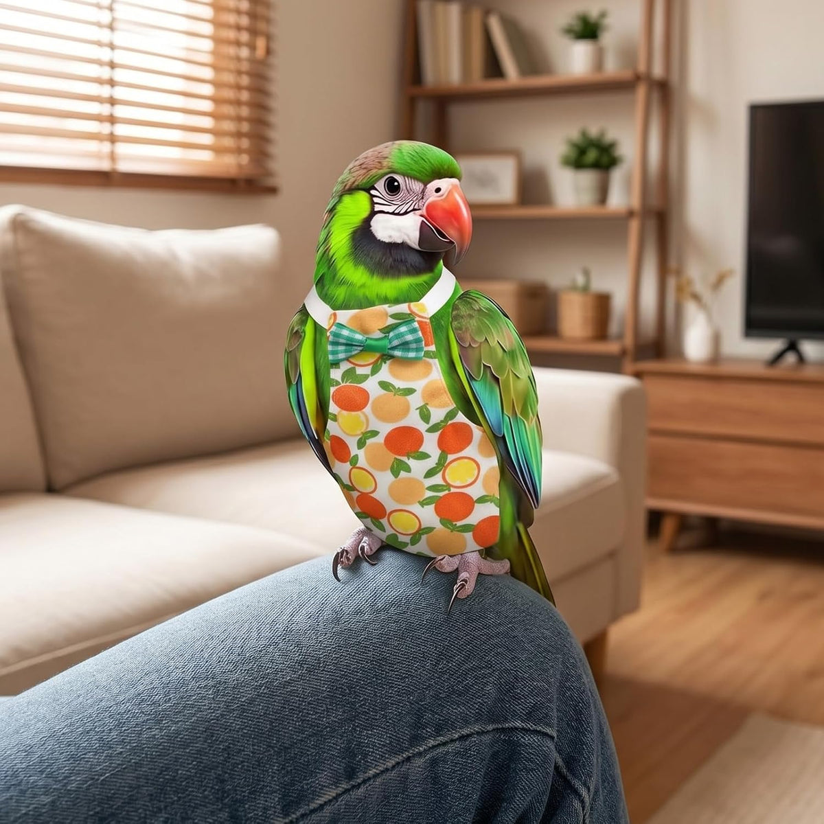 Side view of pet bird wearing reusable flight suit