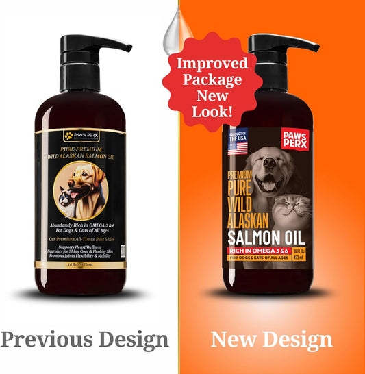 Paws PerX pure Alaskan wild-caught salmon oil pump dispenser details with nutritional information