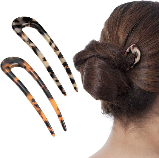 Benefree French style cellulose acetate hair pins front view of two pack set.