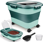 Viretec collapsible dog food storage container front view showing expanded green silicone body and transparent lid.
