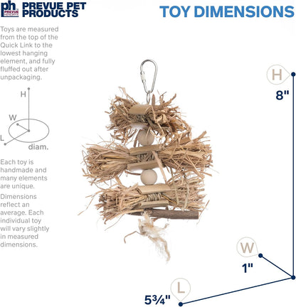 Handcrafted eco-friendly bird shredding toy featuring natural grass bundles and wooden beads.
