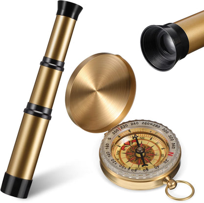 Juexica pirate spyglass telescope set front view with golden pocket compass