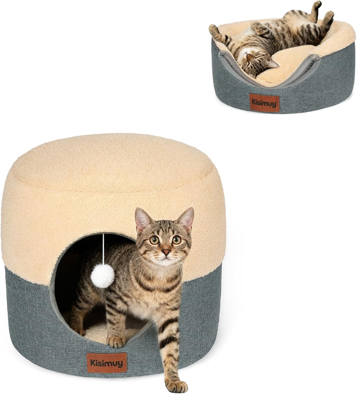 2-in-1 Foldable Cat Bed for Indoor Cats, Cat Cave & Sofa Bed | 15.7"D x 13"H, Reversible Plush & Linen Cushion,Enclosed Cat Bed, Hanging Cat Toys, Non-Slip, Small Cat House, Grey - Image 9