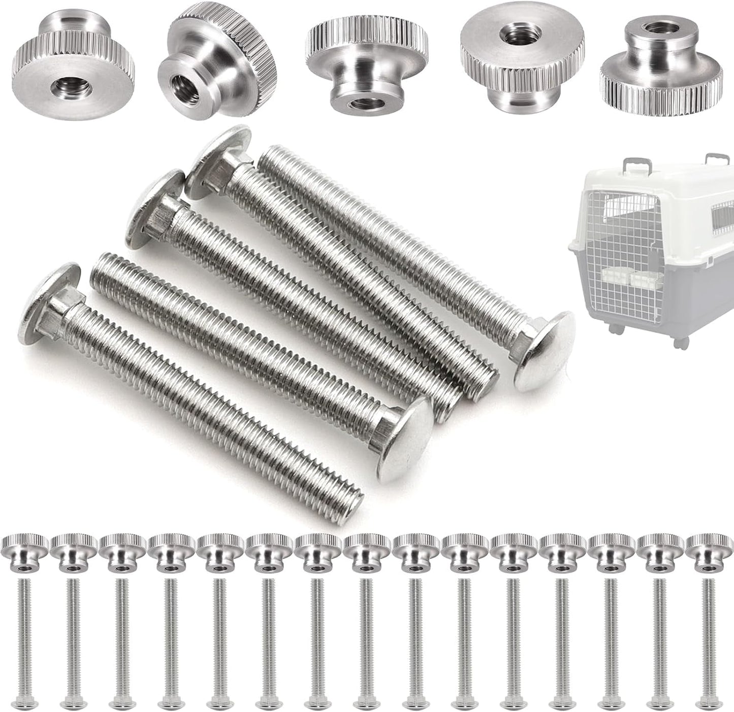 LUTQ pet carrier replacement fasteners front view showing heavy duty stainless steel bolts and nuts.