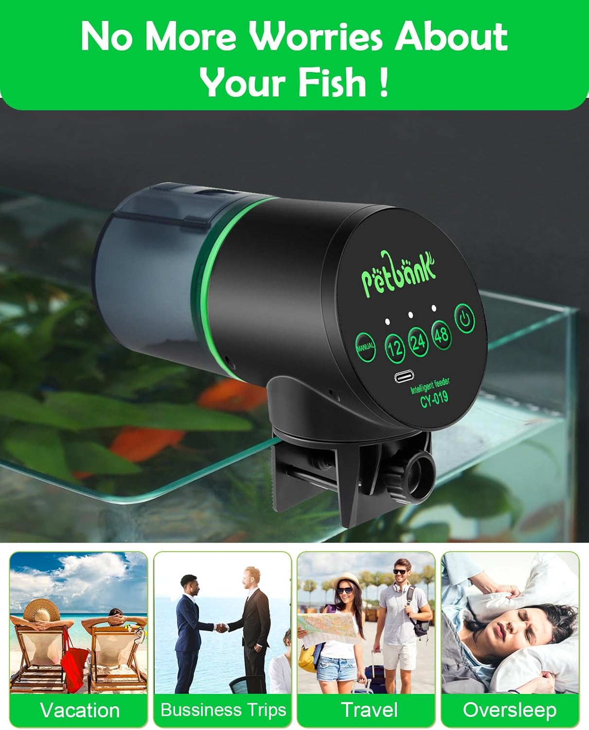 Side angle of Petbank CY-019 automatic fish feeder illustrating sleek profile for small and large aquariums.