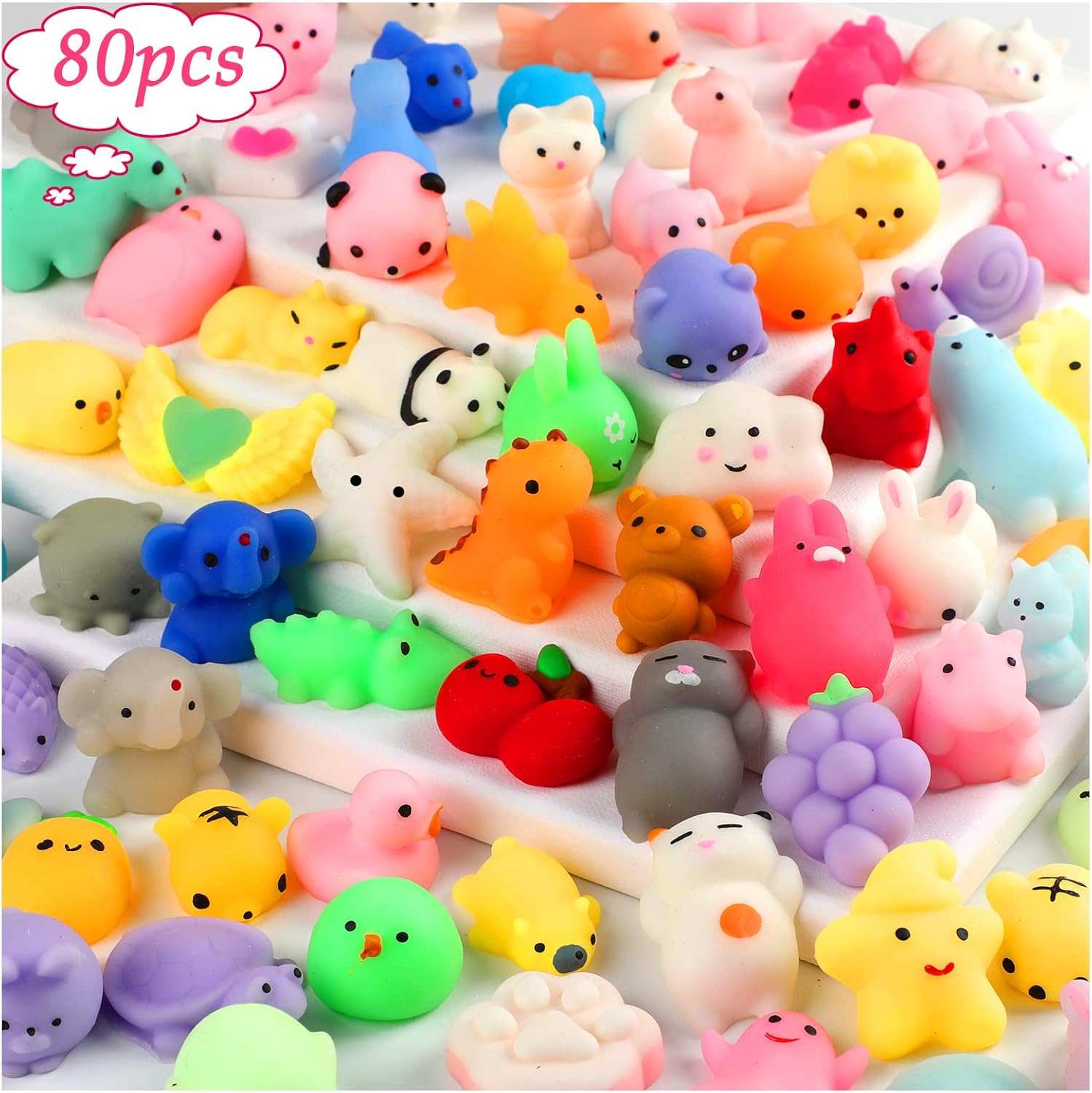 KINGYAO Mochi Squishy Toys front view showcasing a large variety of colorful animal shapes