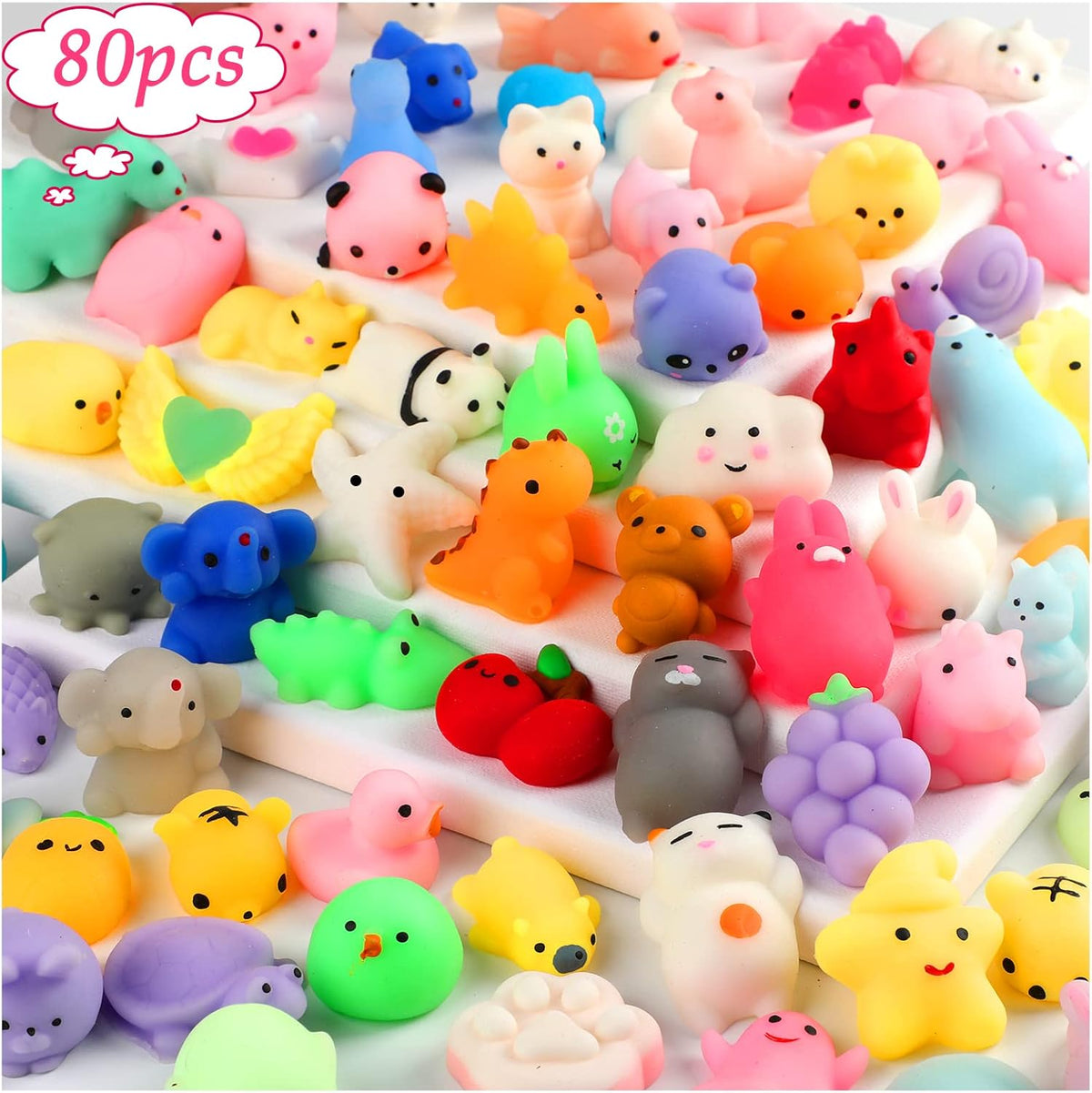 KINGYAO Mochi Squishy Toys front view showcasing a large variety of colorful animal shapes