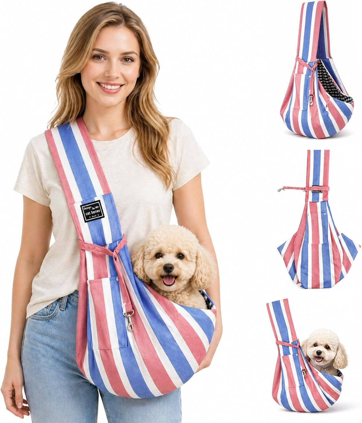 Full view of blue denim pet sling carrier for outdoor travel