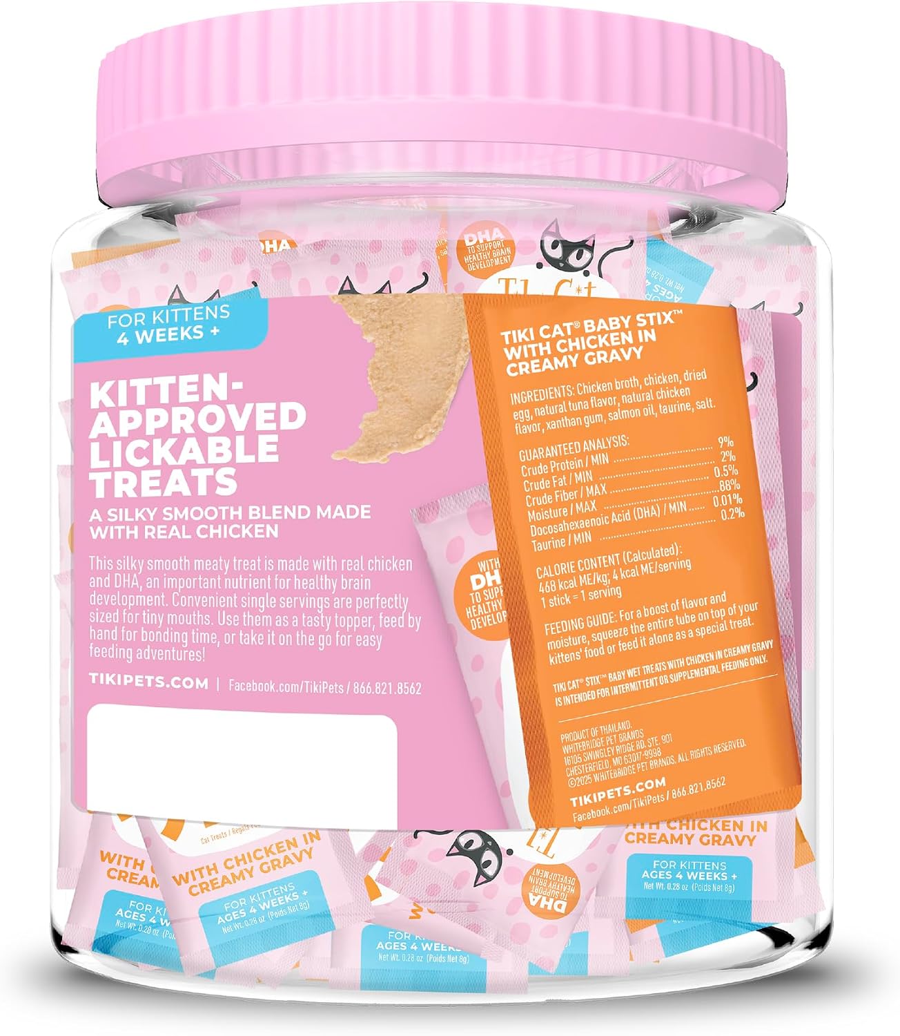 Kitten eating Tiki Cat Baby Stix from a bowl