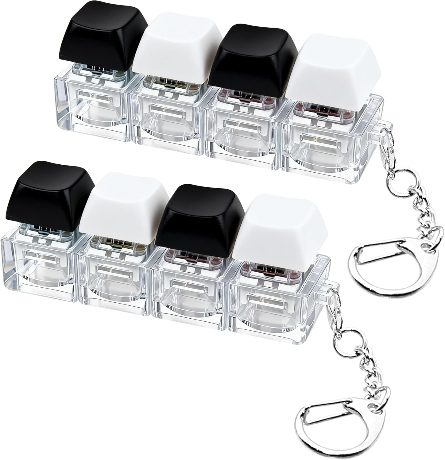 XiawaLangzhuo keyboard fidget toy keychain front view showing premium black and white mechanical switches.