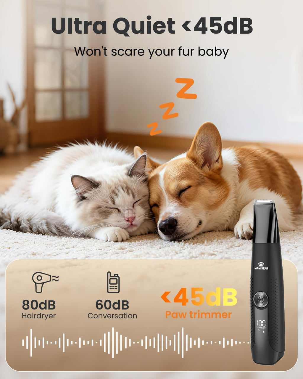 M&M STAR low noise dog clippers with the specialized paw trimmer head attached for grooming sensitive areas.