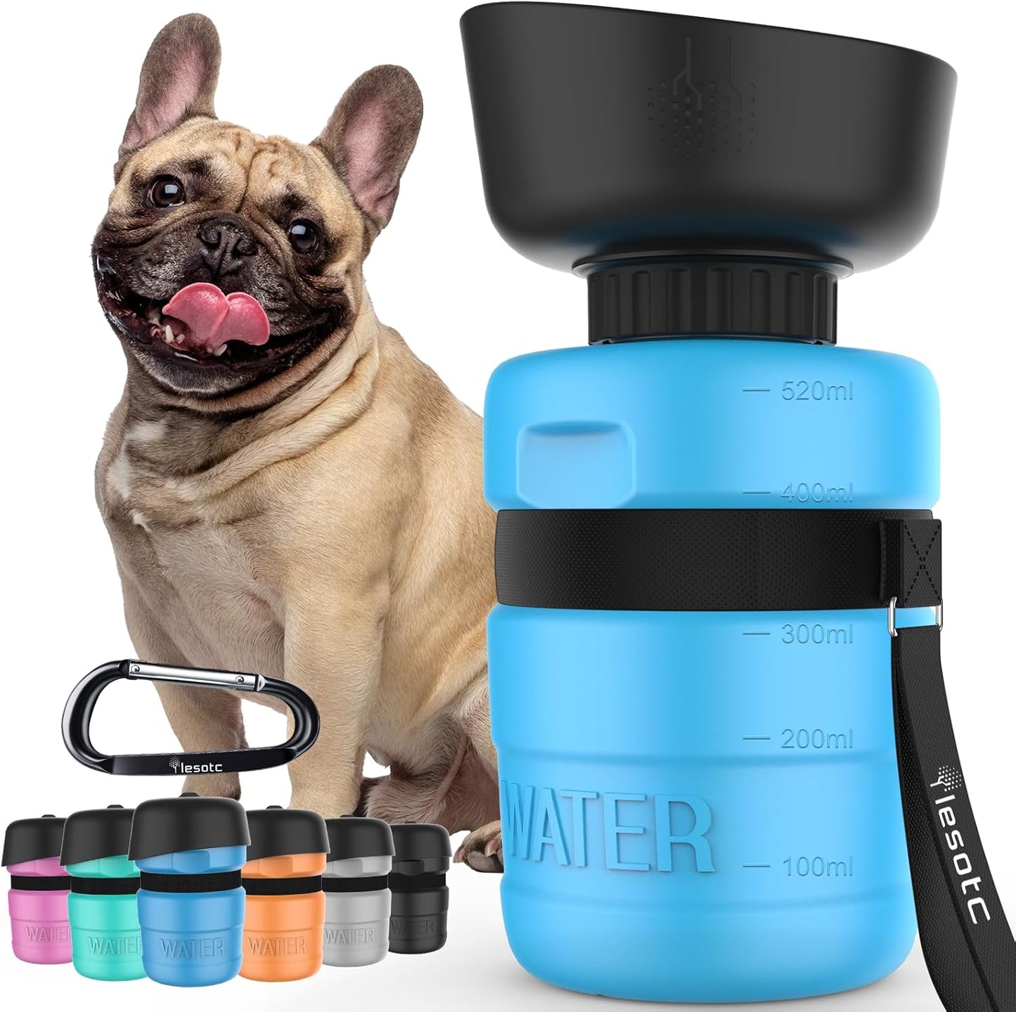 Lesotc dog water bottle in blue showing the front view of the portable dispenser for travel hydration.