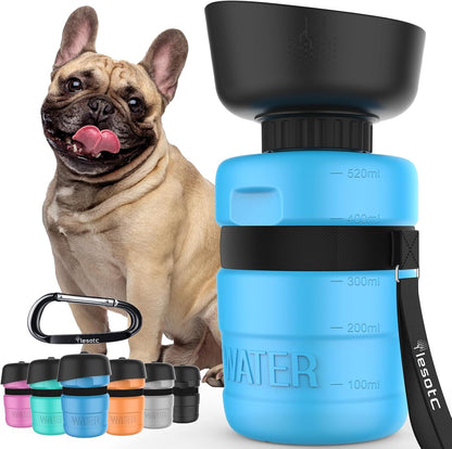 Lesotc dog water bottle in blue showing the front view of the portable dispenser for travel hydration.