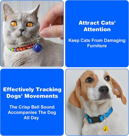 Loud anti-lost pet tracking bells with included keychain rings for easy collar clipping.