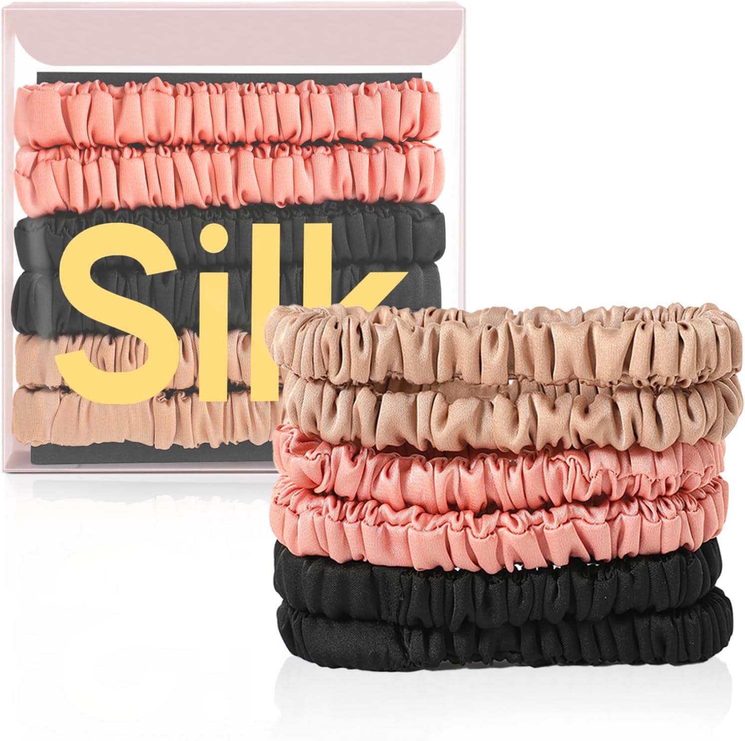 DEMAZALO 6Pcs Silk Hair Ties front view displaying the premium assortment of skinny scrunchies.