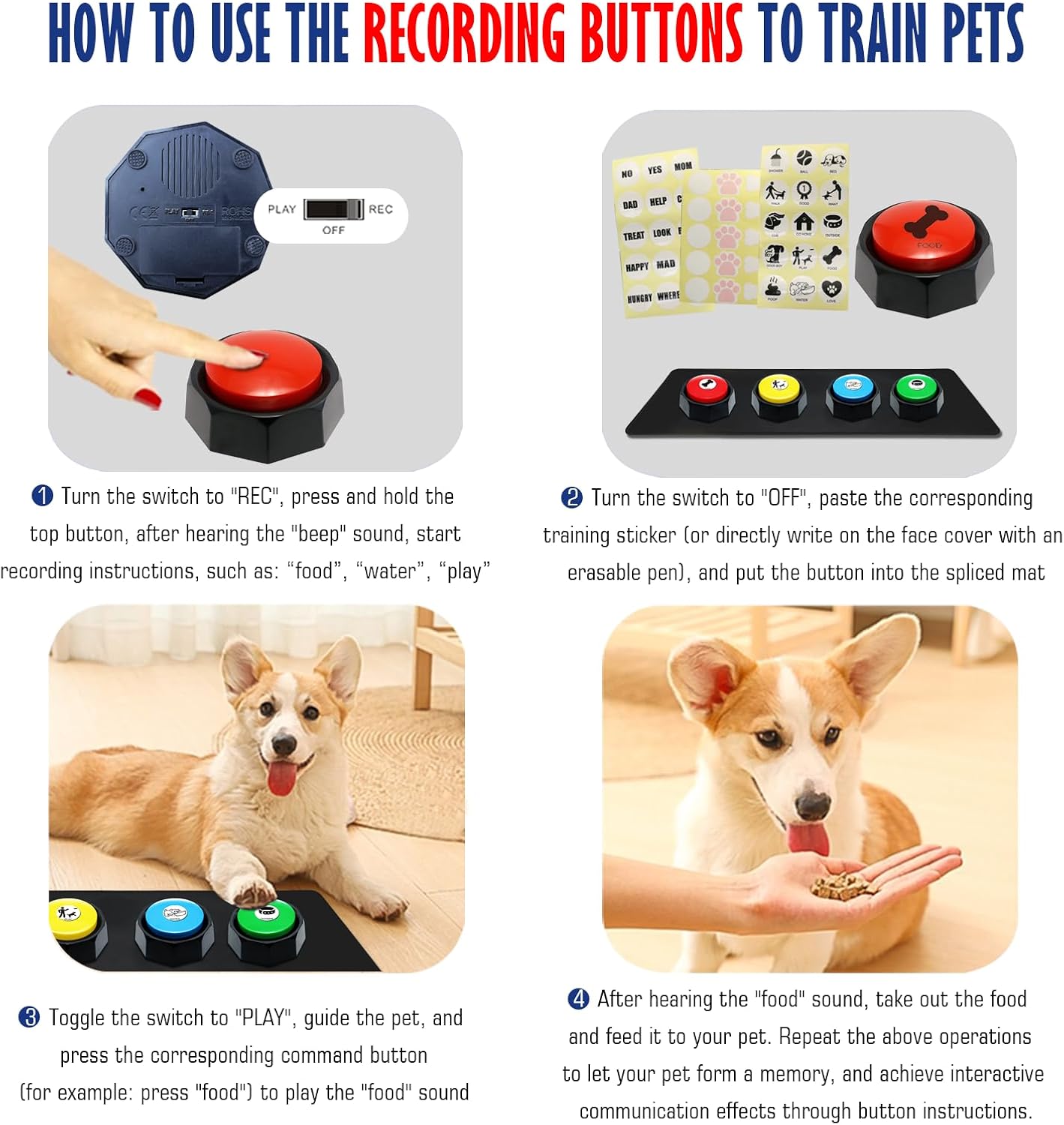 Overhead angle of the complete pet speech kit including four colored buzzers a non slip base and sticker sheets