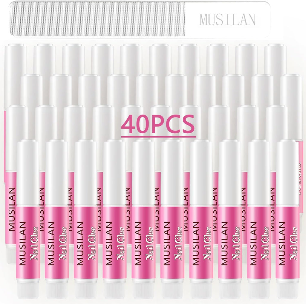 Musilan nail glue front view featuring 40 pieces professional strength adhesive packaging