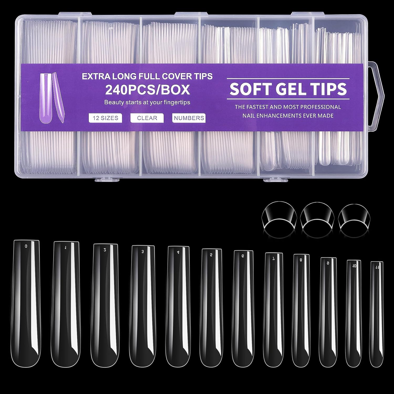 Cycullinyt long square nail tips showing 3XL straight shape clear gel extensions
