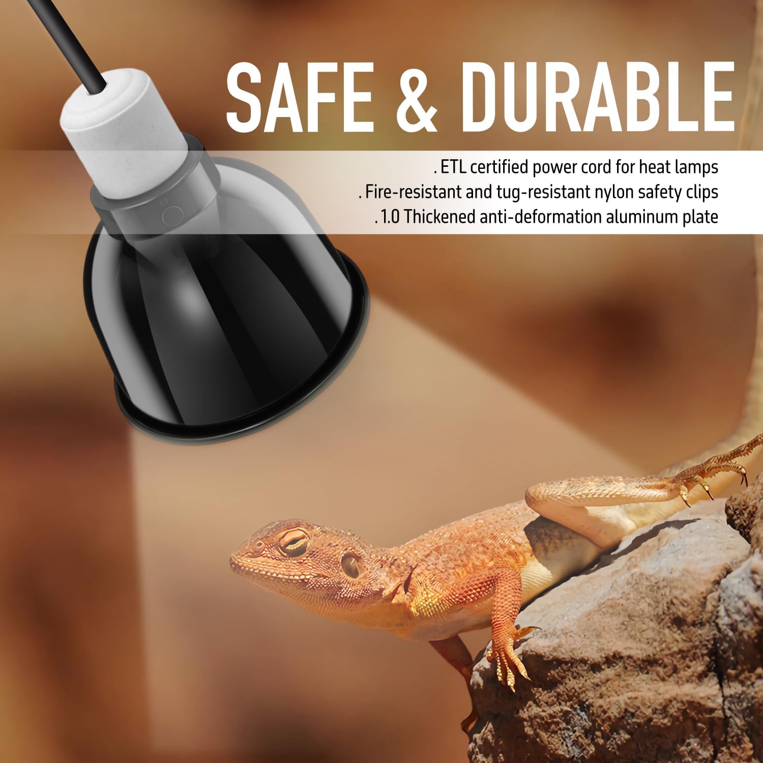Reptiking reptile heat lamp fixture with extra long power cable and inline switch