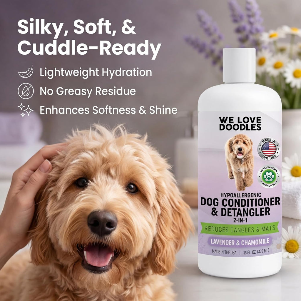 We Love Doodles hypoallergenic pet conditioner back label with usage instructions