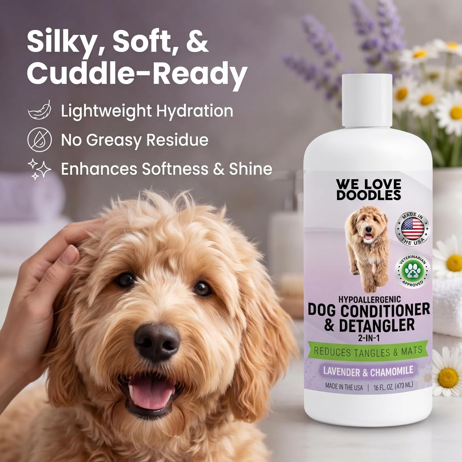 We Love Doodles hypoallergenic pet conditioner back label with usage instructions