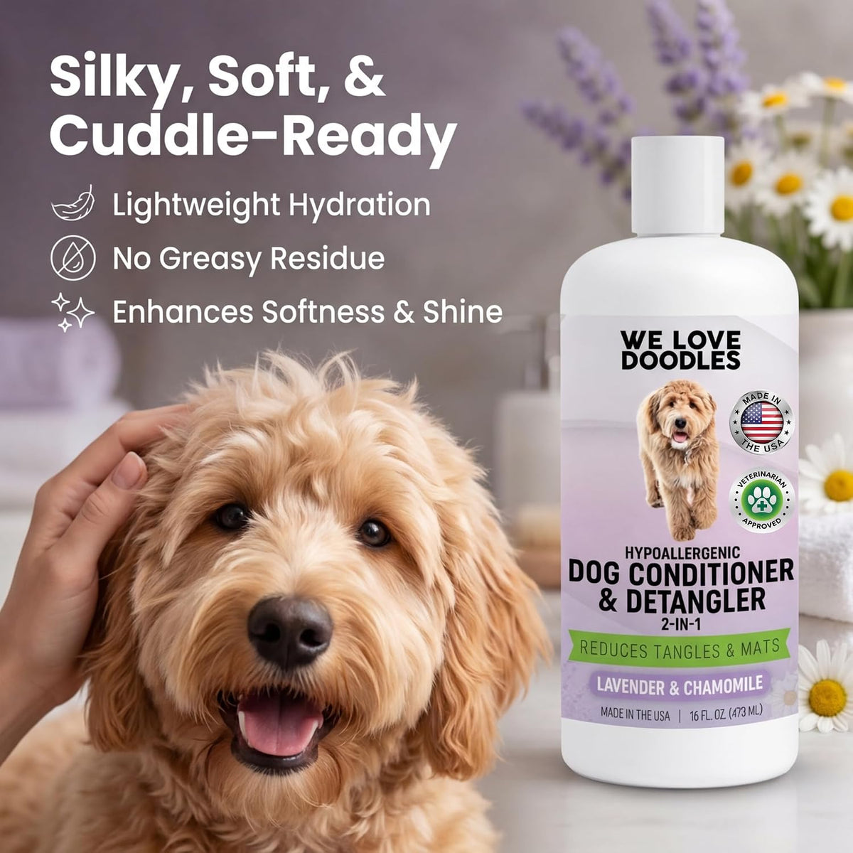 We Love Doodles hypoallergenic pet conditioner back label with usage instructions