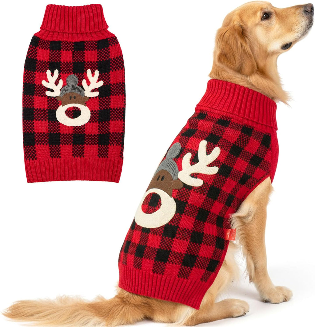 KYEESE Dog Christmas Sweater with Reindeer Pattern, Cozy Holiday Outfit, Turtleneck Dog Sweater for Small Dogs with Leash Hole, Red Buffalo Plaid Knitwear, Soft Warm Festival Dogs Clothes, Large - Image 12