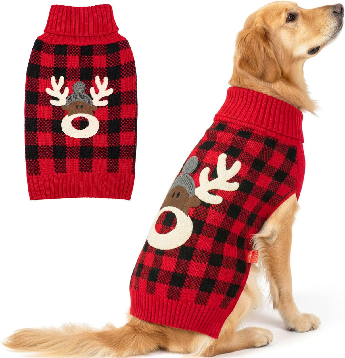 KYEESE Dog Christmas Sweater with Reindeer Pattern, Cozy Holiday Outfit, Turtleneck Dog Sweater for Small Dogs with Leash Hole, Red Buffalo Plaid Knitwear, Soft Warm Festival Dogs Clothes, Large - Image 12