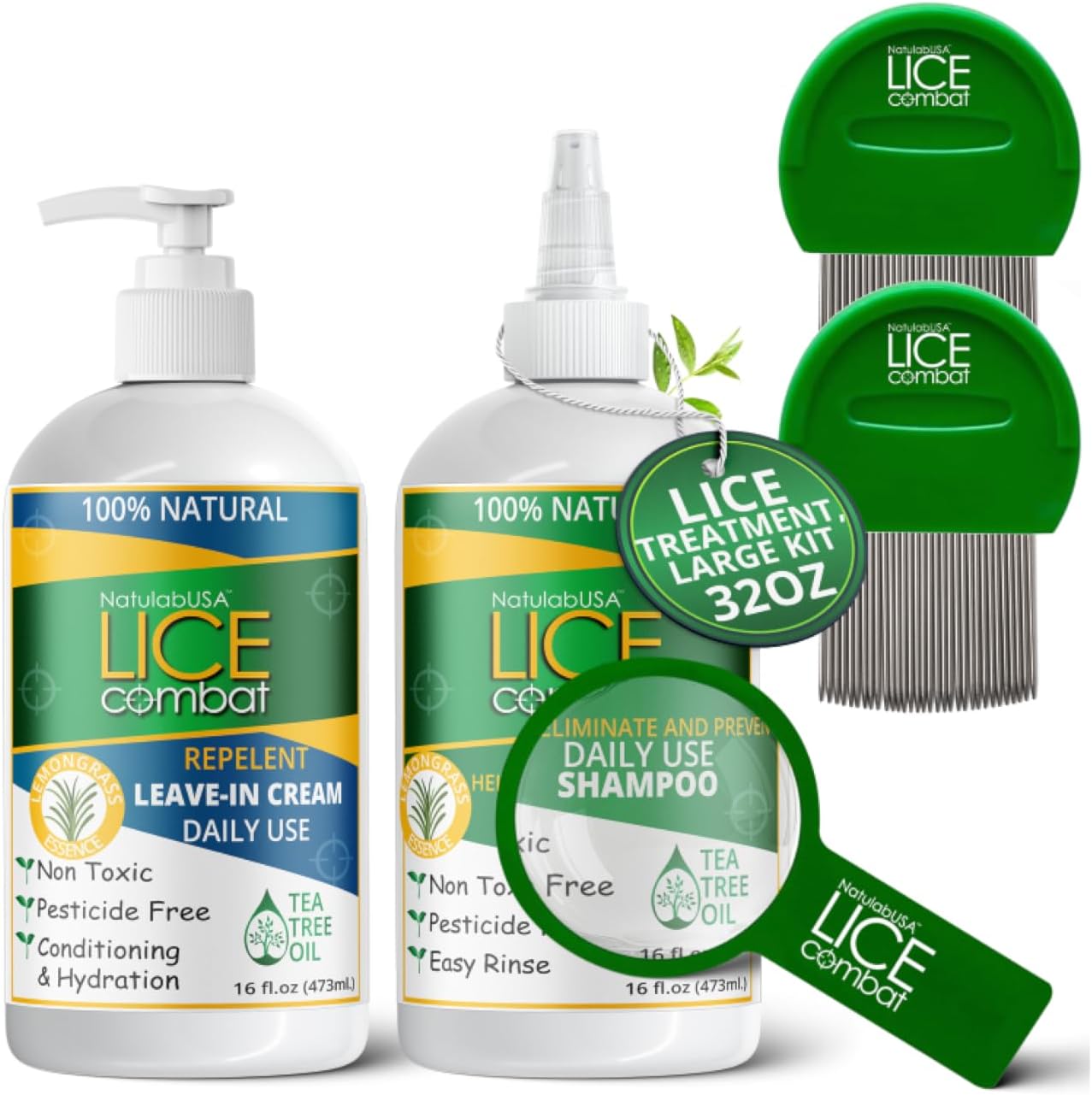 NatulabUSA Lice Treatment Kit front view showing shampoo and cream bottles.