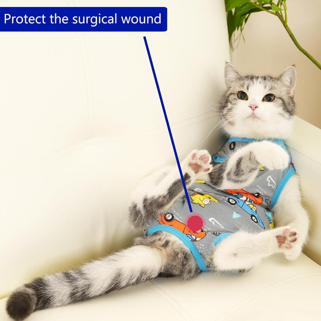 Rear view of cat onesie demonstrating litter box accessibility