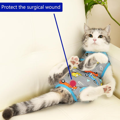 Rear view of cat onesie demonstrating litter box accessibility