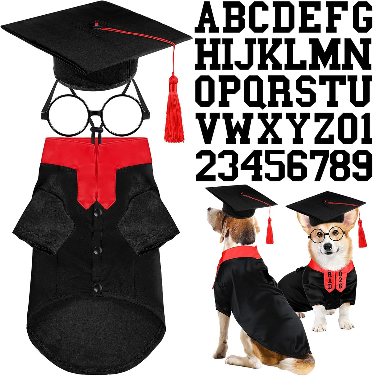 Huhumy 5 Pcs Dog Graduation Costume Set Include 2026 Pet Graduation Gown with Stole Puppy Grad Cap Lensless Glasses DIY Letter Stickers for Dogs Cats Holiday Costume Accessory(Black Yellow,S) - Image 13