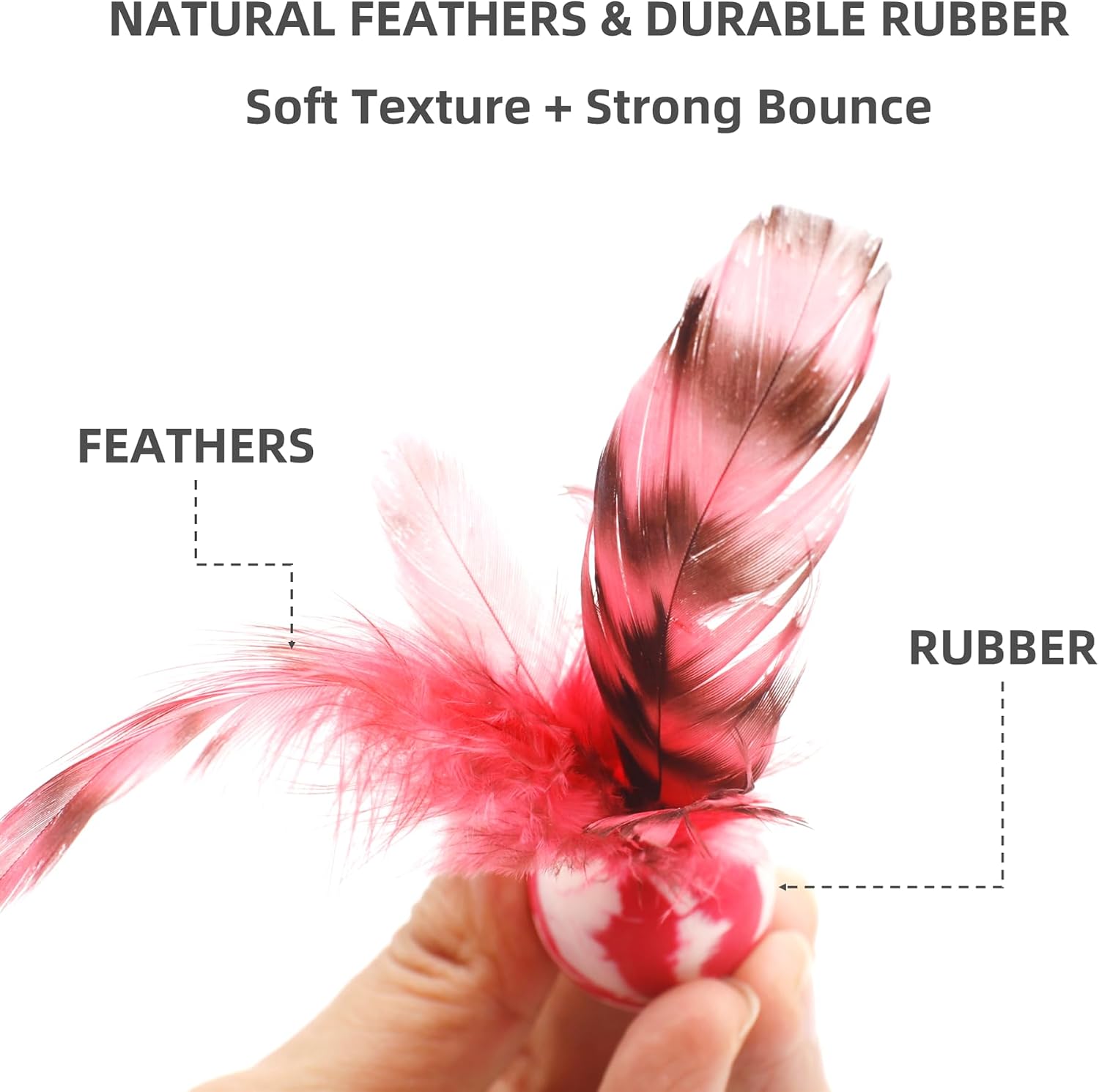 Five pack of colorful rubber cat bouncy balls with natural feathers
